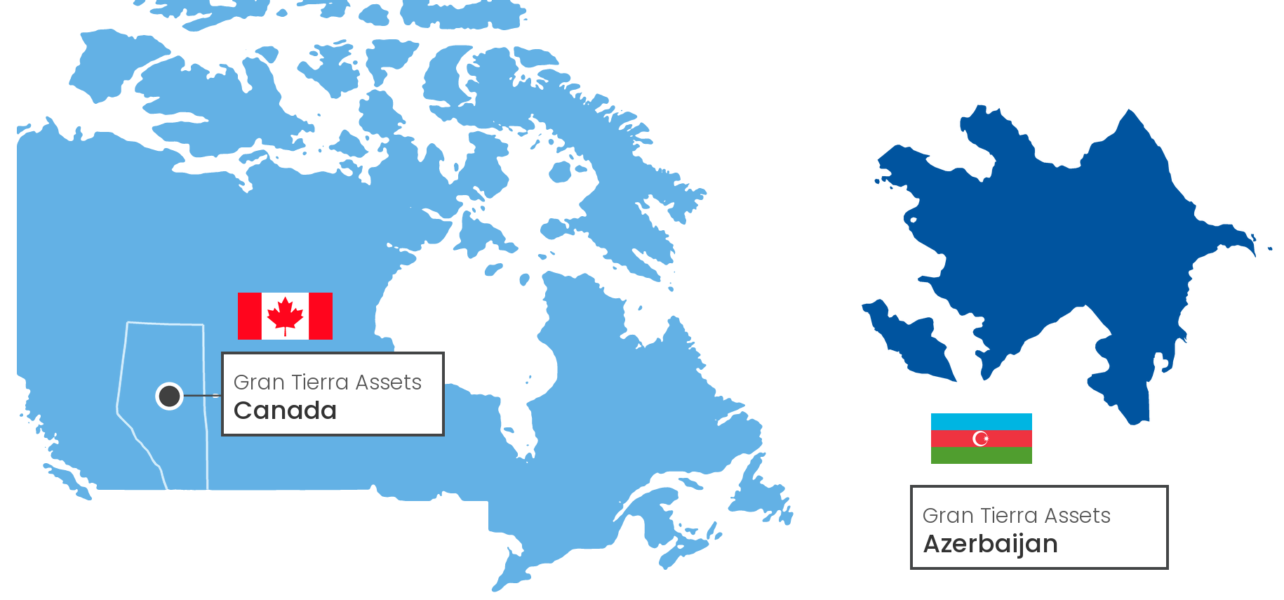 Map showing Gran Tierra assets in Canada and Azerbaijan