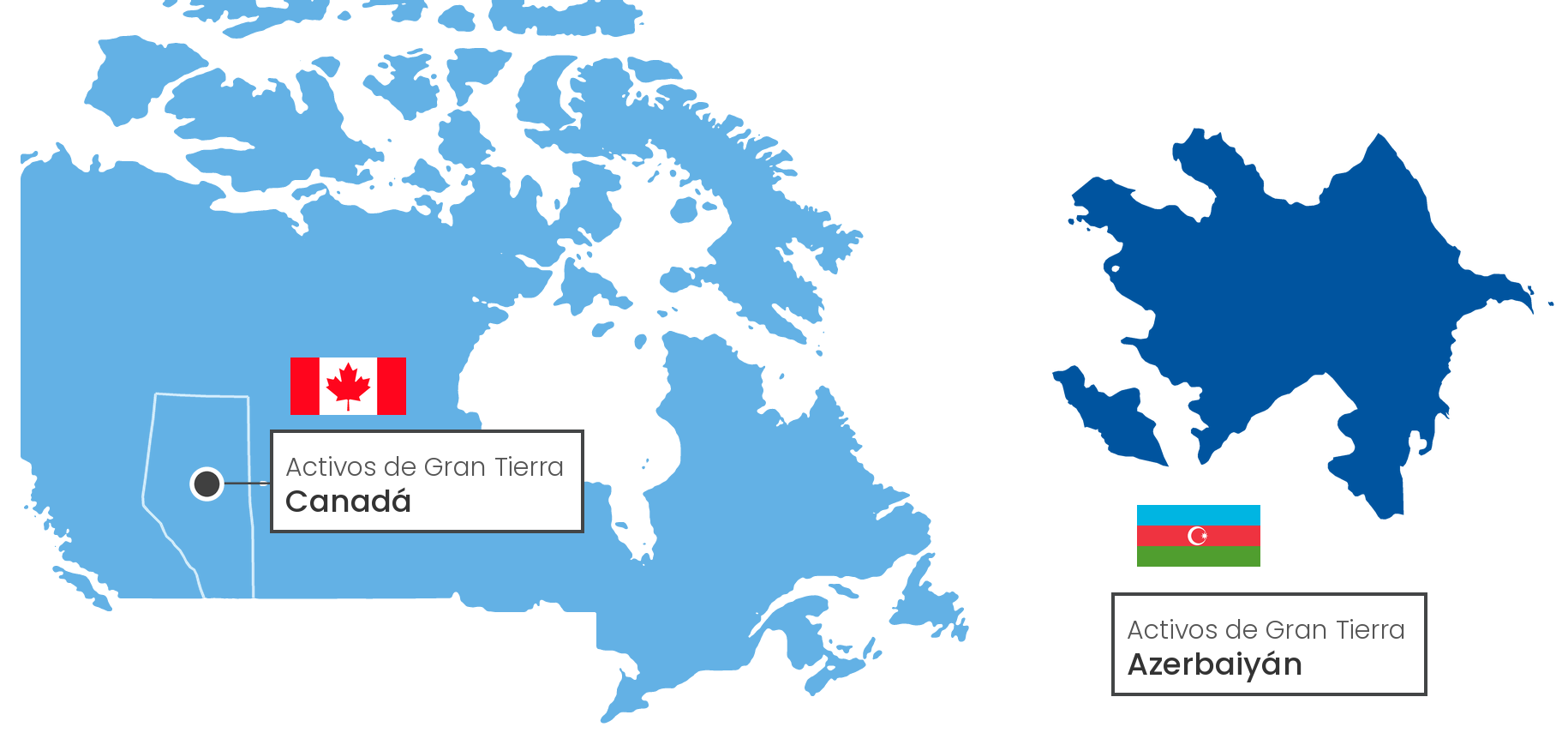 Mapa que muestra los activos de Gran Tierra en Canadá y Azerbaiyán